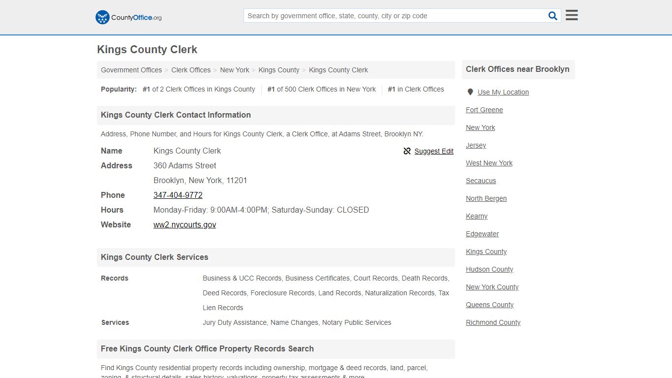 Kings County Clerk - Brooklyn, NY (Address, Phone, and Hours)